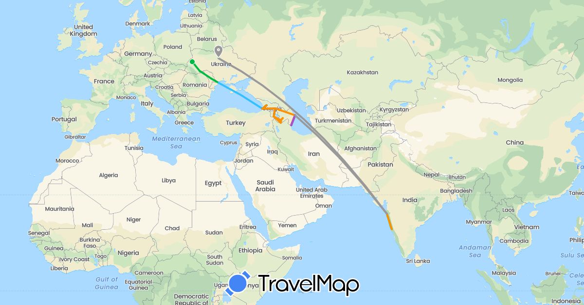 TravelMap itinerary: driving, bus, plane, train, boat, hitchhiking in Armenia, Azerbaijan, Georgia, India, Iran, Moldova, Ukraine (Asia, Europe)